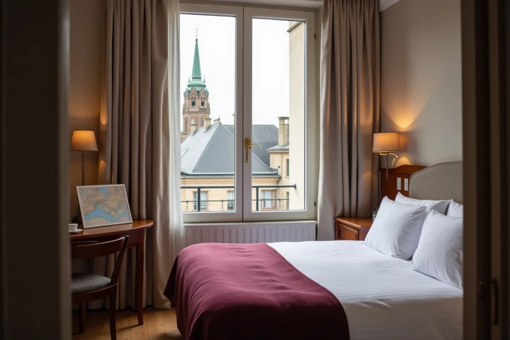 Chambre d'hôtel confortable au centre de Dijon avec vue sur les toits et la cathédrale, lit king-size et décoration bourguignonne