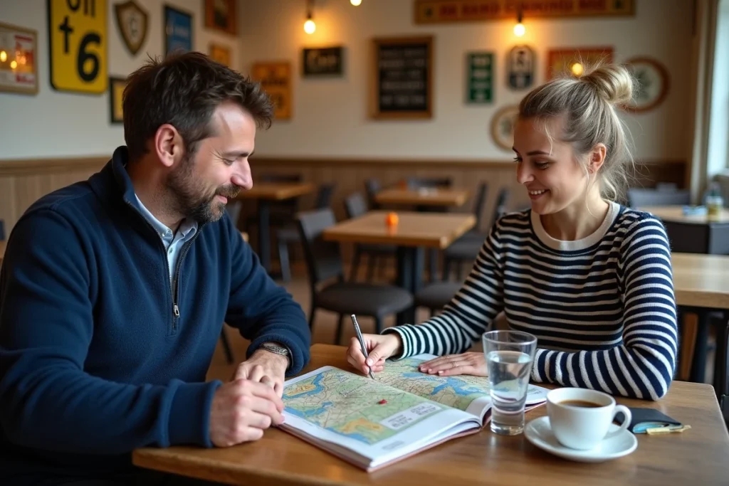Couple planifiant un itinéraire bis sur un guide Michelin France dans un café de village typique avec décoration de panneaux routiers vintage