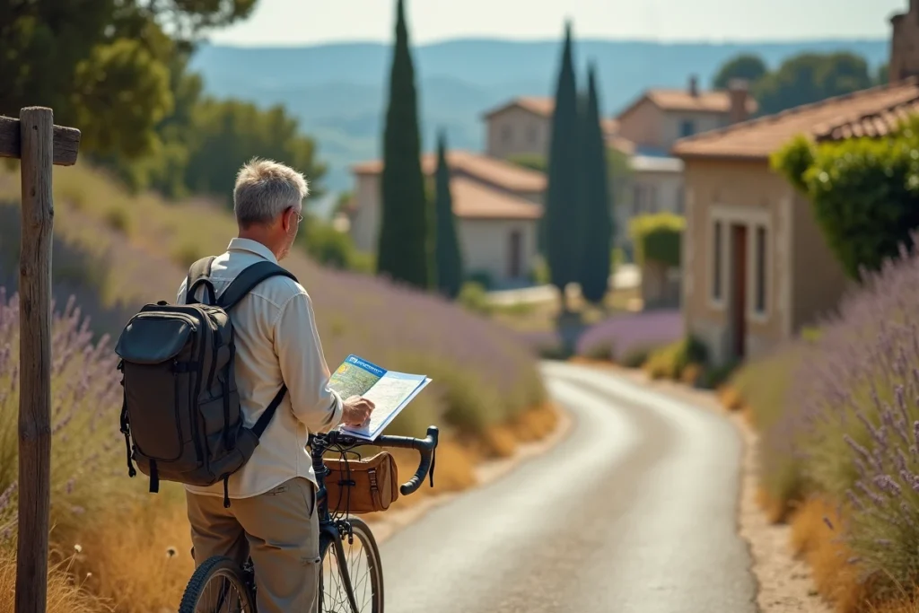 Cycliste consulant un atlas routier Michelin sur une route de village provençale bordée de murs en pierres sèches et de champs de lavande