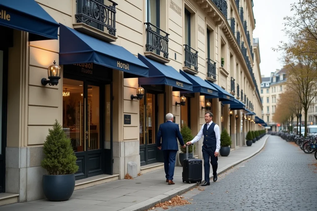 Façade extérieure d'un hôtel haussmannien au centre-ville de Dijon proche de la gare, avec auvent bleu marine et rue pavée typique