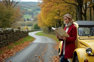 Femme lisant une carte Michelin appuyée contre une 2CV sur une route secondaire sinueuse bordée de platanes en automne dans la campagne française