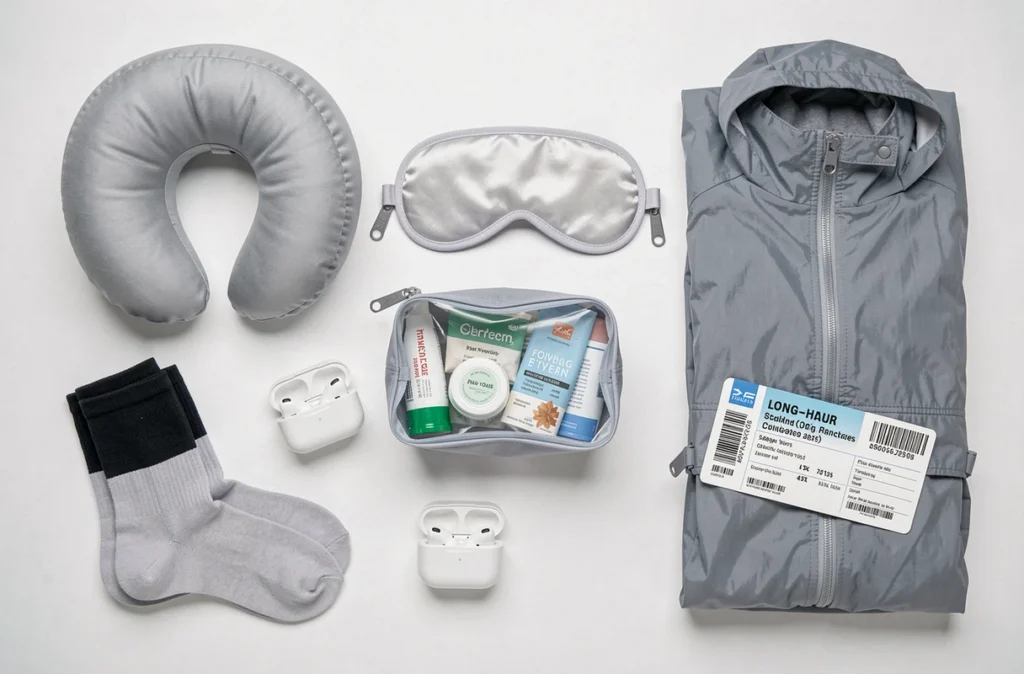 Accessoires essentiels disposés en flat-lay pour préparer un vol de nuit long-courrier en soute