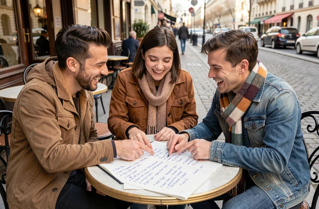 Groupe d'amis jouant au Petit Bac autour d'une table de café parisien avec des réponses géographiques en X