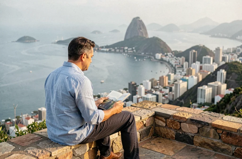 Voyageur solitaire contemplant la baie de Guanabara depuis un belvédère calme du Corcovado