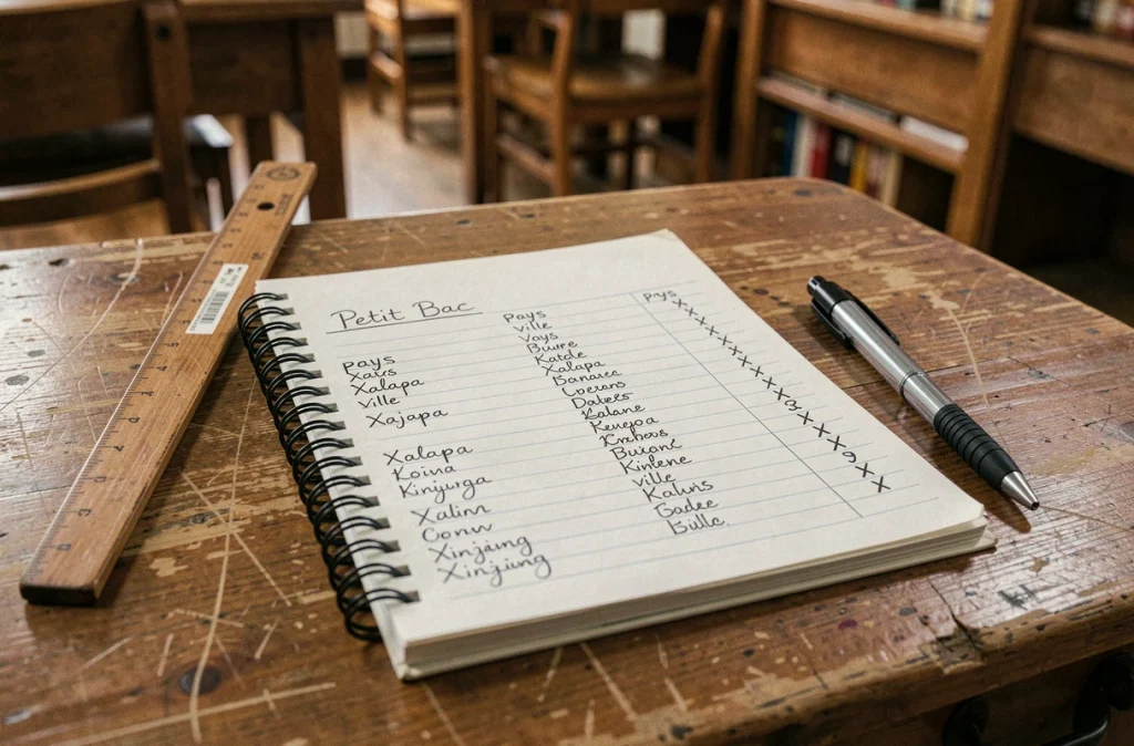 Gros plan sur un cahier de Petit Bac ouvert avec des noms de villes et pays commençant par la lettre X écrits à la main