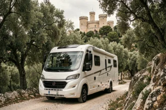 Camping-car garé sur une route de montagne étroite avec le Château de Requesens visible en arrière-plan dans la forêt catalane