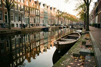 Canal historique d'Amsterdam avec maisons à pignons hollandaises reflétées dans l'eau calme en automne