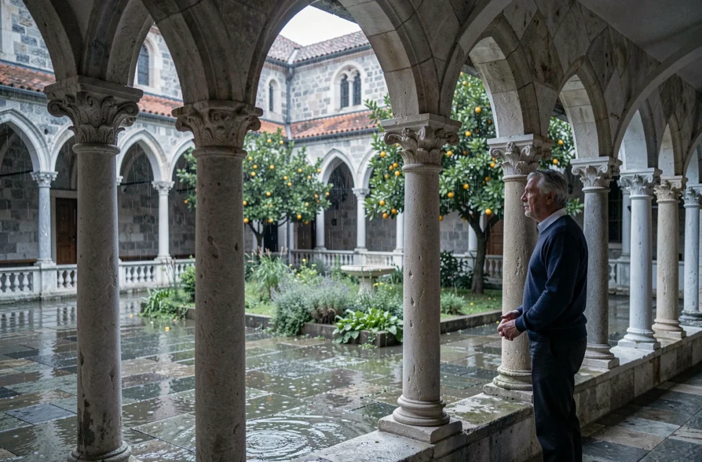 Homme contemplant la pluie depuis le cloître du monastère dominicain de Dubrovnik