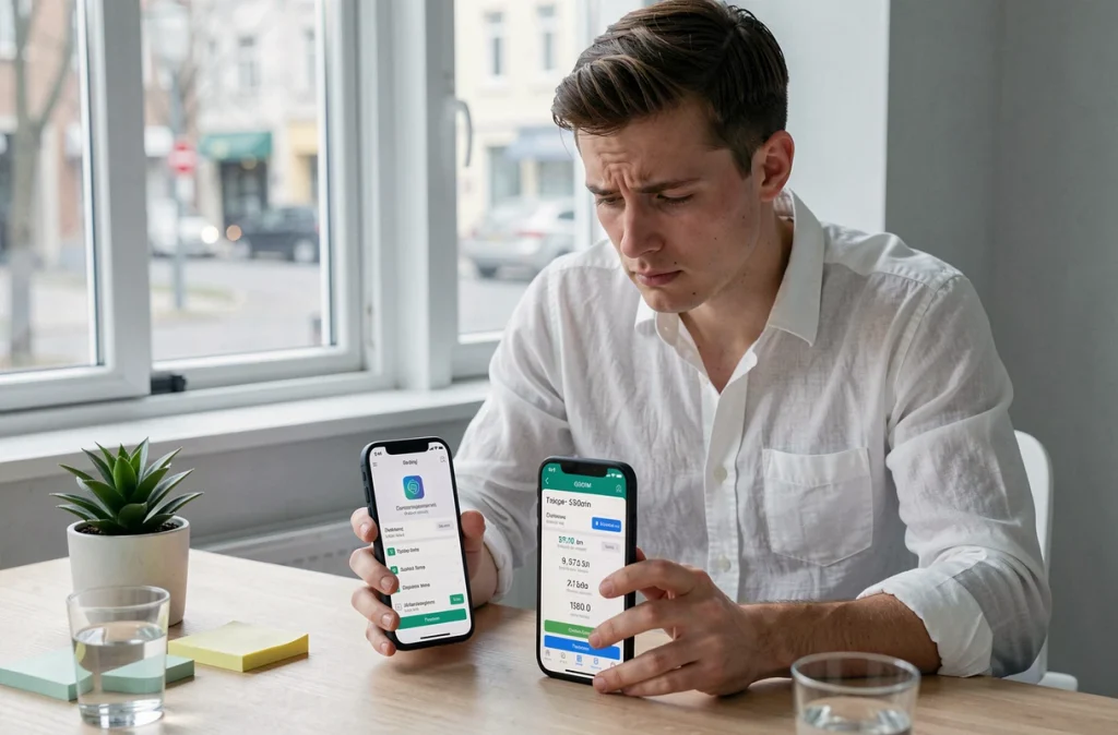 Jeune homme comparant les offres et limites de l'eSIM Saily sur deux smartphones à son bureau