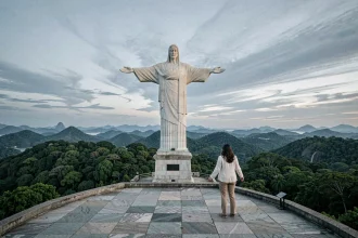 Voyageuse solitaire devant la statue du Christ Rédempteur à Corcovado au lever du jour sans foule
