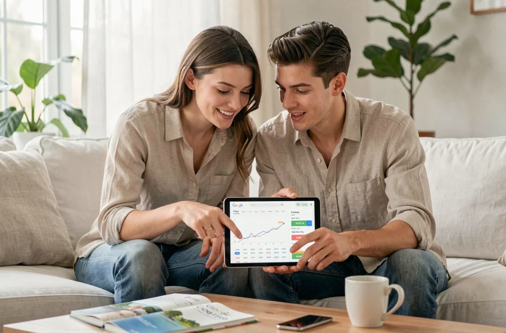 Couple cherchant les meilleurs tarifs de vols sur une tablette numérique affichant Google Flights dans leur salon