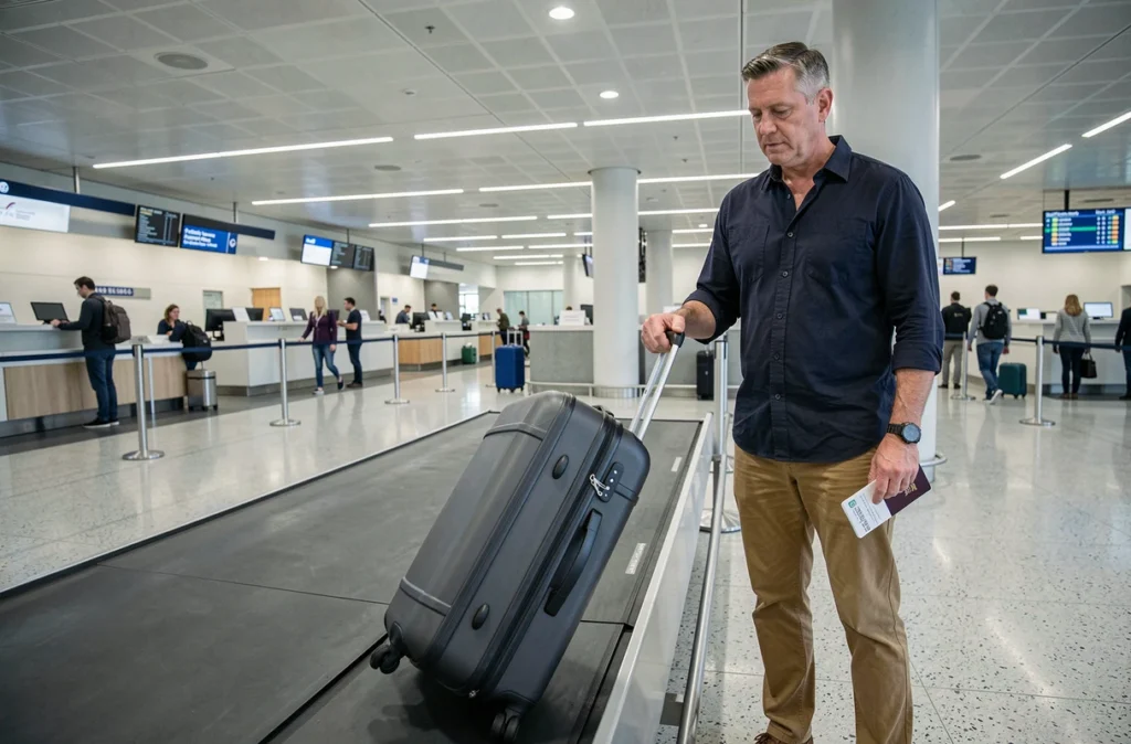 Homme déposant sa valise en soute au comptoir d'enregistrement d'un aéroport international
