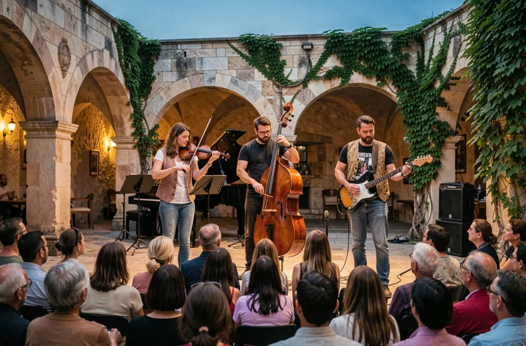 Ensemble de musique de chambre baroque et guitariste électrique jouant en plein air dans une cour historique européenne au crépuscule