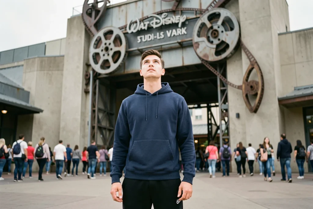 Jeune homme admirant l'entrée du Parc Walt Disney Studios avant de découvrir les attractions à sensations