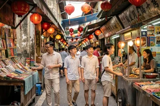 Famille explorant le marché de Petaling Street à Kuala Lumpur, avec des lanternes rouges et des étals colorés en arrière-plan