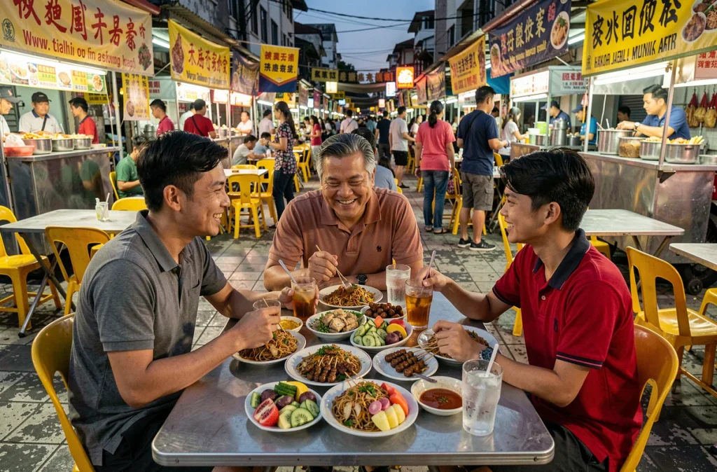 Père et ses enfants dégustant des plats de rue malaisiens traditionnels à Jalan Alor, quartier gastronomique emblématique de Kuala Lumpur