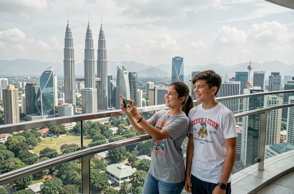 Mère et ses enfants admirant le panorama de Kuala Lumpur depuis la tour KL, avec les tours Petronas visibles au loin