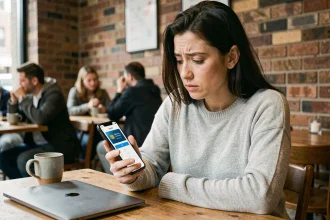 Femme utilisant une eSIM Saily sur son smartphone dans un café urbain, lisant les conditions d'utilisation