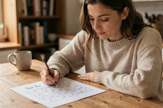 Femme jouant au Petit Bac avec des noms de villes et pays en X écrits sur une feuille de papier à la main