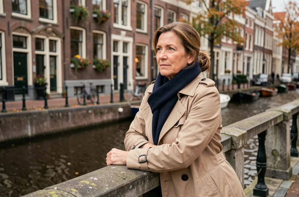 Femme sur un pont de pierre du quartier historique d'Amsterdam contemplant un canal en automne