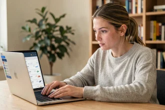 Femme consultant Google Flights sur un ordinateur portable dans un bureau à domicile moderne pour trouver les meilleurs tarifs d'avion
