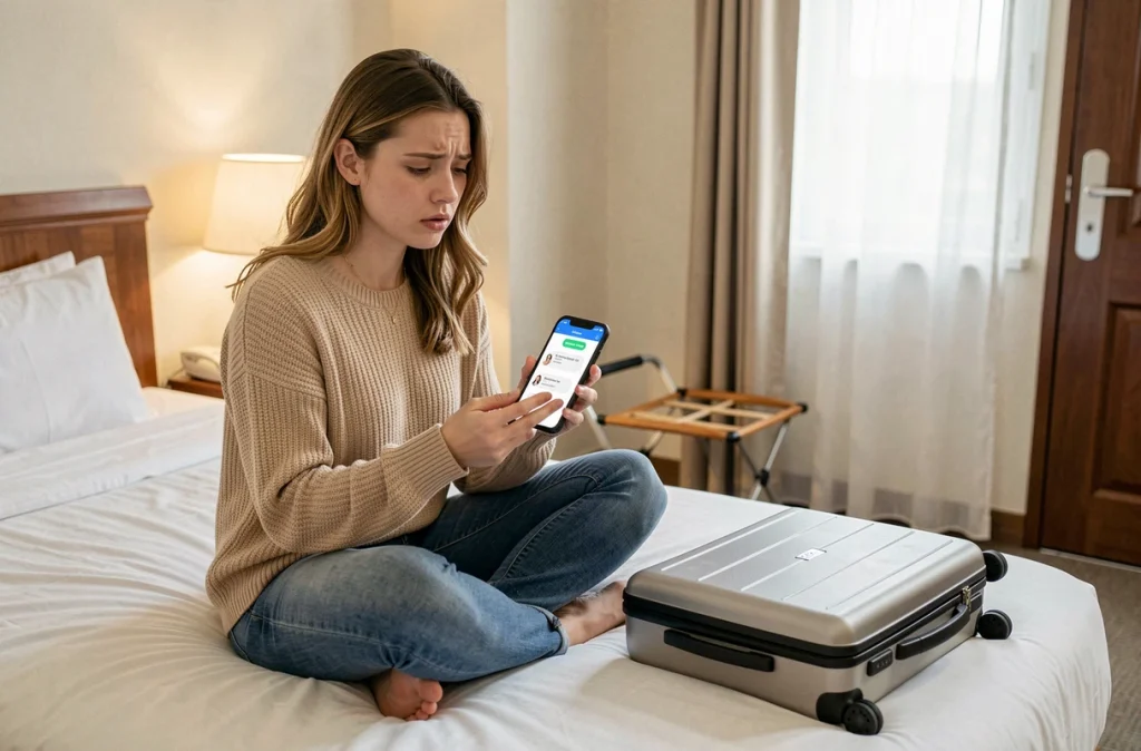 Jeune femme contactant le service après-vente depuis sa chambre d'hôtel pour une valise à code bloqué