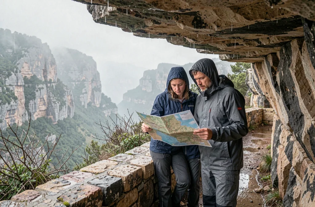 Groupe de randonneurs consultant une carte topographique sous un abri rocheux pendant la pluie dans les gorges de Gorropu en Sardaigne