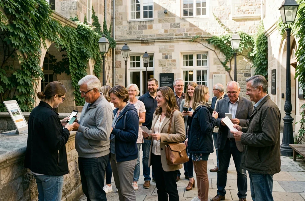 Groupe de touristes francophones faisant la queue à un guichet de musée avec des billets de groupe