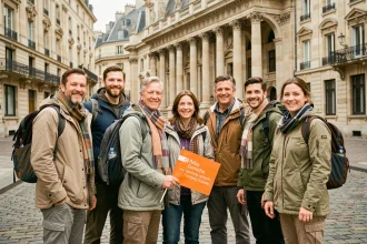 Groupe de touristes francophones avec un guide touristique devant un monument européen