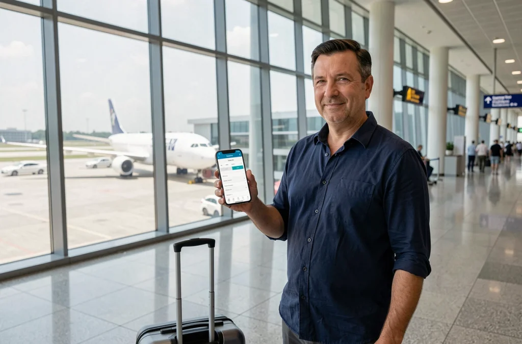 Homme debout dans un terminal d'aéroport consultant une application de comparaison de vols sur smartphone avec valise cabine