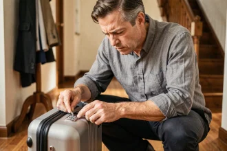 Homme frustré tentant d'ouvrir une valise à code combinaison dans un couloir d'appartement