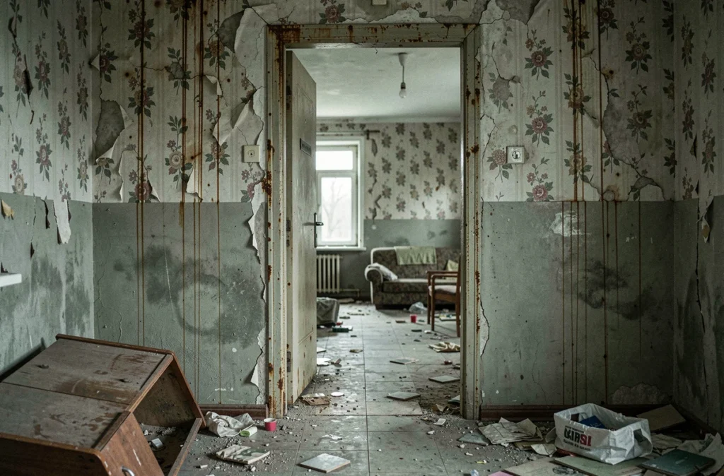 Intérieur délabré d'un appartement abandonné de Pripyat avec du papier peint décollé, des débris au sol et une atmosphère post-catastrophe nucléaire saisissante