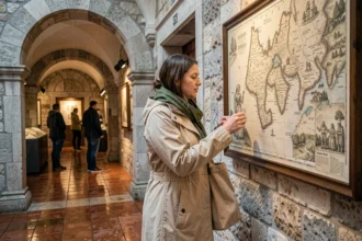 Femme en imperméable visitant un musée aux murs en pierre à Dubrovnik par temps de pluie