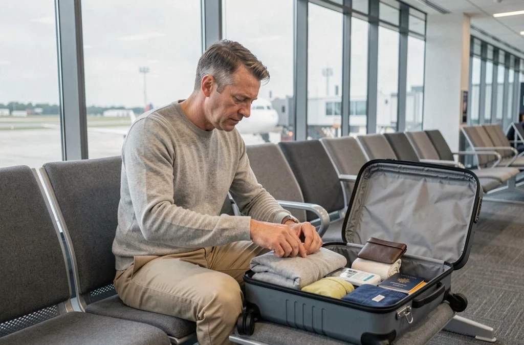 Voyageur organisant le contenu de sa valise cabine dans le salon d'attente de l'aéroport avant un vol Air France