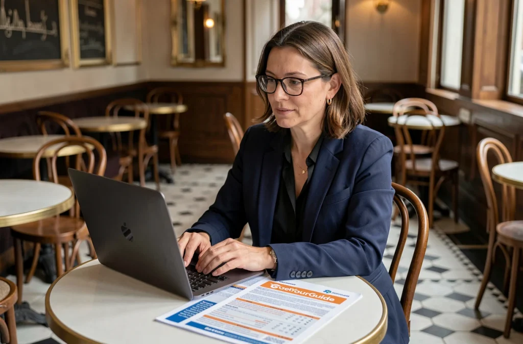 Organisatrice de voyage planifiant une excursion de groupe dans un café parisien avec des documents de réservation