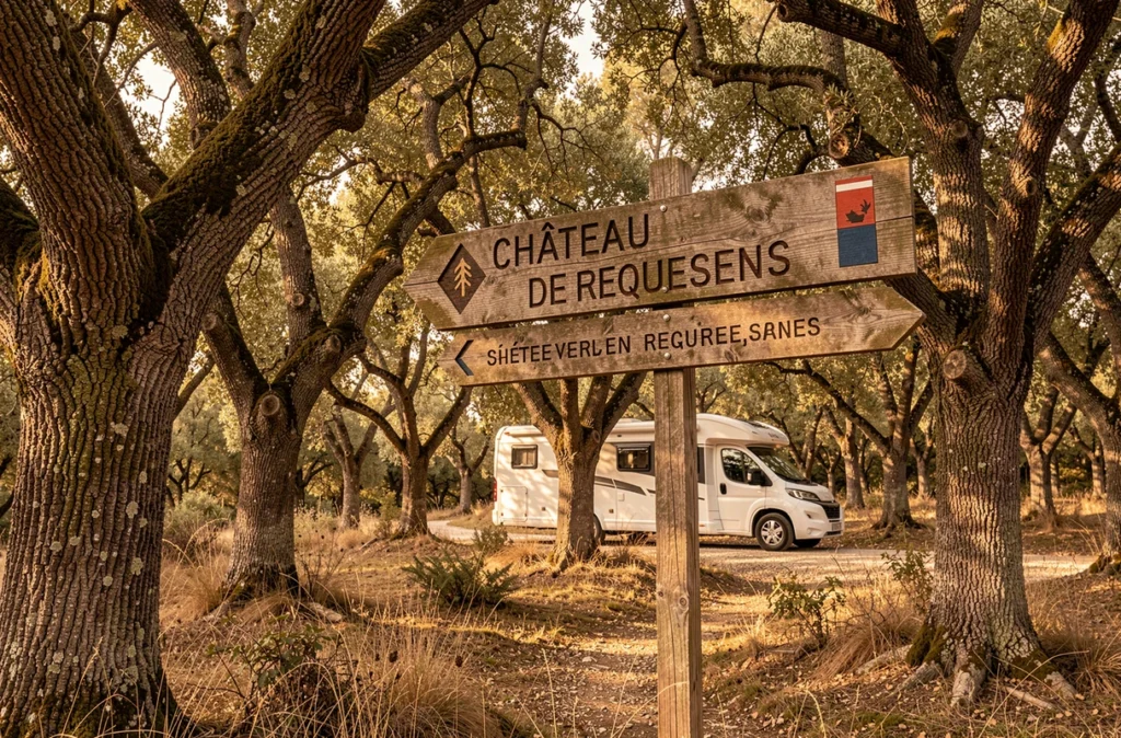 Panneau de signalisation en forêt indiquant la direction du Château de Requesens avec un camping-car stationné en arrière-plan