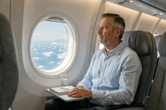 Passager assis près du hublot d'un avion en vol au-dessus de l'océan, illustrant le temps de vol entre La Réunion et Paris