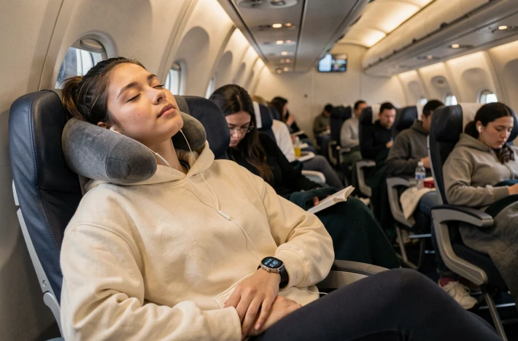 Jeune femme endormie dans un avion pendant un long vol nocturne entre La Réunion et Paris