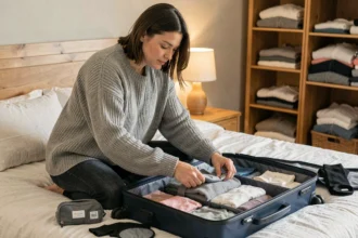 Femme préparant sa valise pour un long vol de nuit avec accessoires de voyage organisés sur un lit