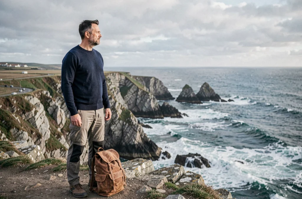 Randonneur contemplant la côte atlantique basque depuis les falaises près de Saint-Jean-de-Luz