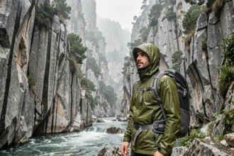 Randonneur en veste imperméable observant les eaux gonflées à l'entrée des gorges de Gorropu sous la pluie en Sardaigne