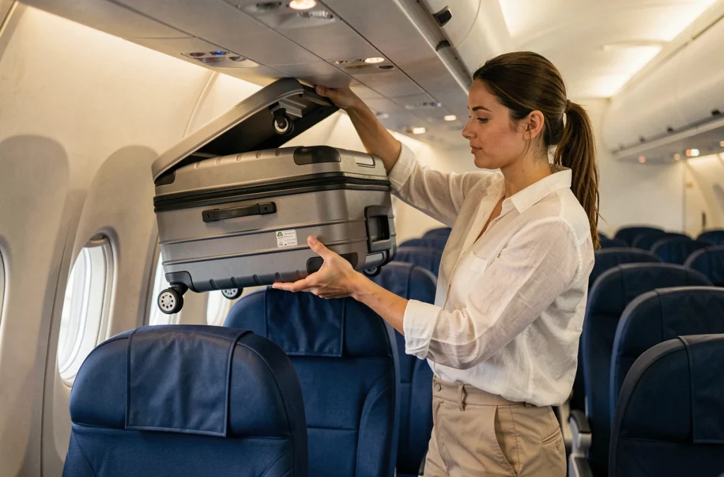 Passagère rangeant sa valise cabine dans le compartiment supérieur d'un avion Air France en respectant les dimensions autorisées