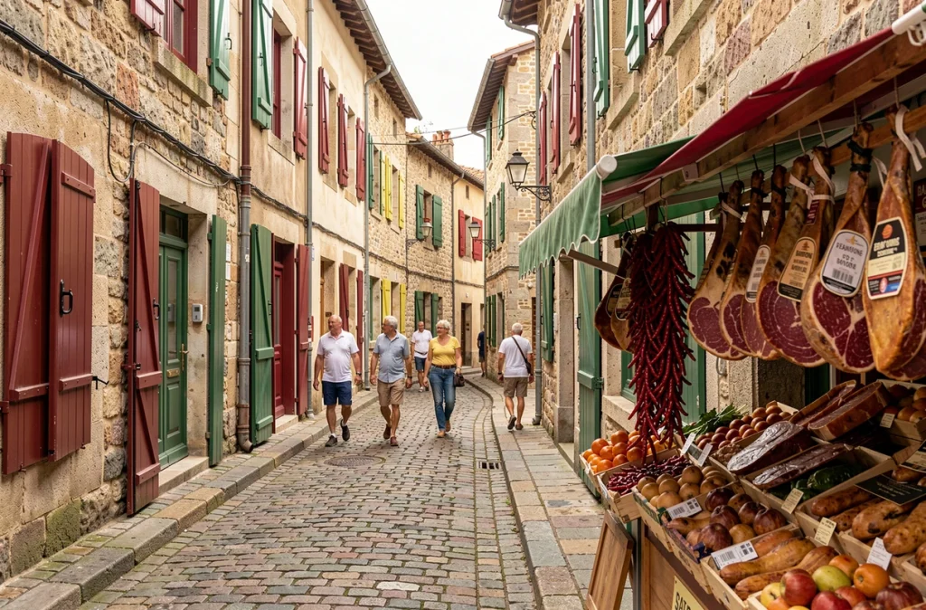 Rue commerçante de Bayonne avec marché artisanal basque et façades colorées typiques du Pays basque