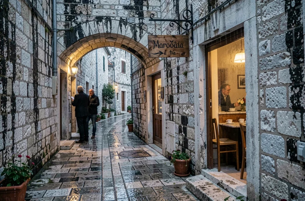 Ruelle pavée et mouillée de la vieille ville de Dubrovnik sous la pluie avec une terrasse de café chaleureuse