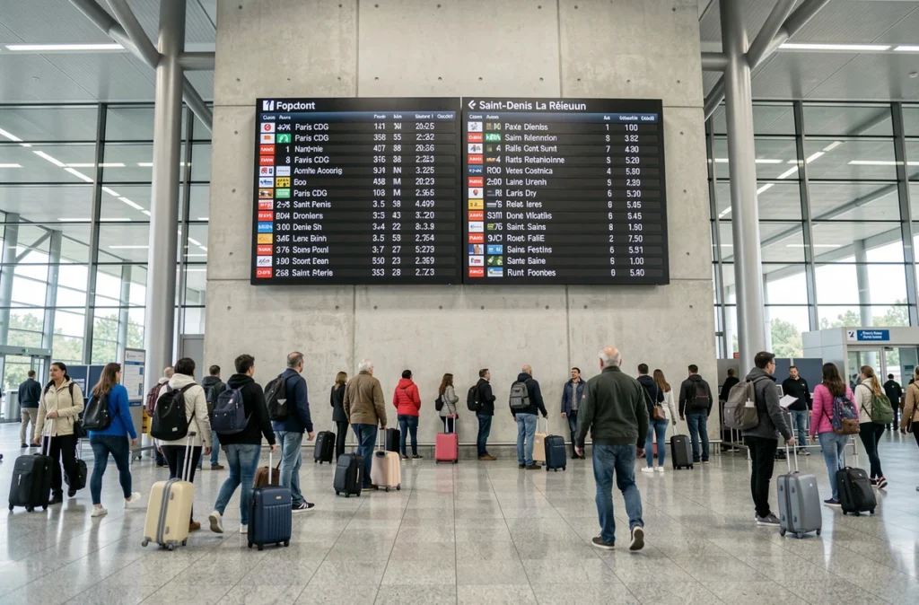 Tableau des départs d'un aéroport international affichant les vols longue distance vers Paris et La Réunion
