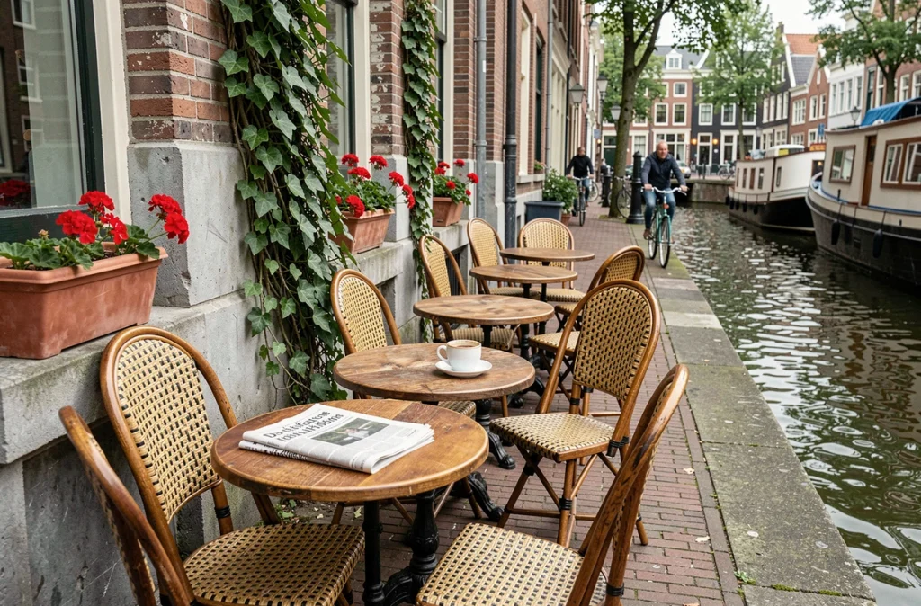 Terrasse de café au bord d'un canal d'Amsterdam avec vélos et péniches dans le quartier historique