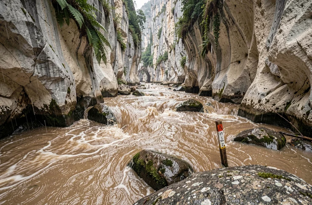 Torrent en crue avec eau boueuse au fond des gorges de Gorropu sous la pluie, poteau de balisage partiellement submergé visible en Sardaigne