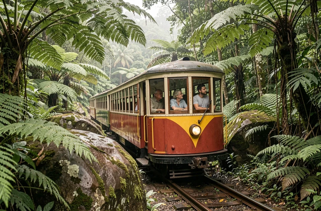 Petit train à crémaillère quasi vide traversant la forêt tropicale de Tijuca vers le Corcovado