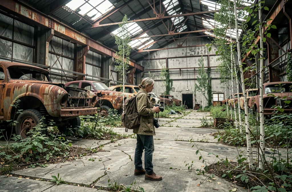 Photographe explorant une usine automobile abandonnée de Detroit envahie par la végétation avec des machines rouillées et une végétation sauvage reconquérant l'espace industriel