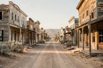 Rue principale abandonnée d'une ville fantôme de la ruée vers l'or américaine avec des façades en bois décrépites et un paysage désertique aride en arrière-plan